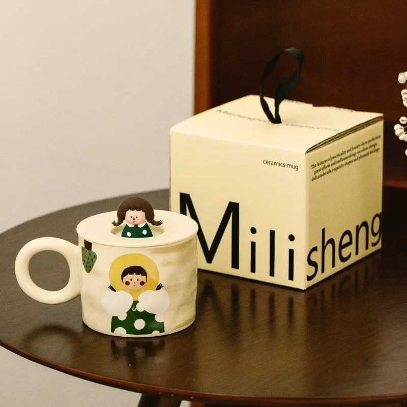 Retro Couple Water Cup Ceramic Cup Mug With Lid Girl Gift Box - Shop at LoveMi