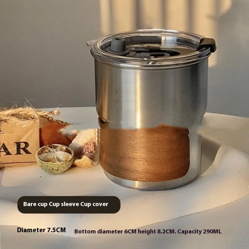 304 Stainless Steel Coffee Cup Concentrated Ice American Style - Light Cup Wooden Ring Lid
