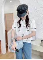 Embroidered Classic Style Ice Silk Sweater Women's Clothing - White 39155