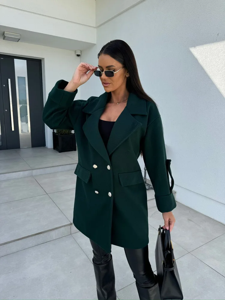 Winter Solid Color Fashion All match Double breasted Woolen Coat Women's Clothing Dark Green - Shop at LoveMi