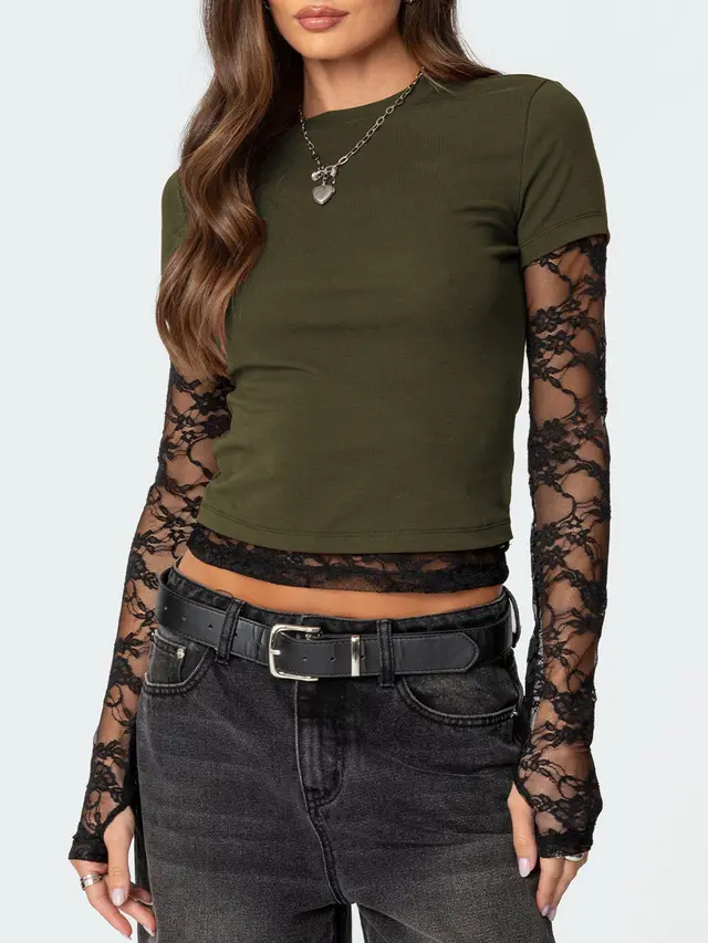 Sexy Women's Fake Two piece Long Sleeve Crew Neck T shirt Army Green - Shop at LoveMi