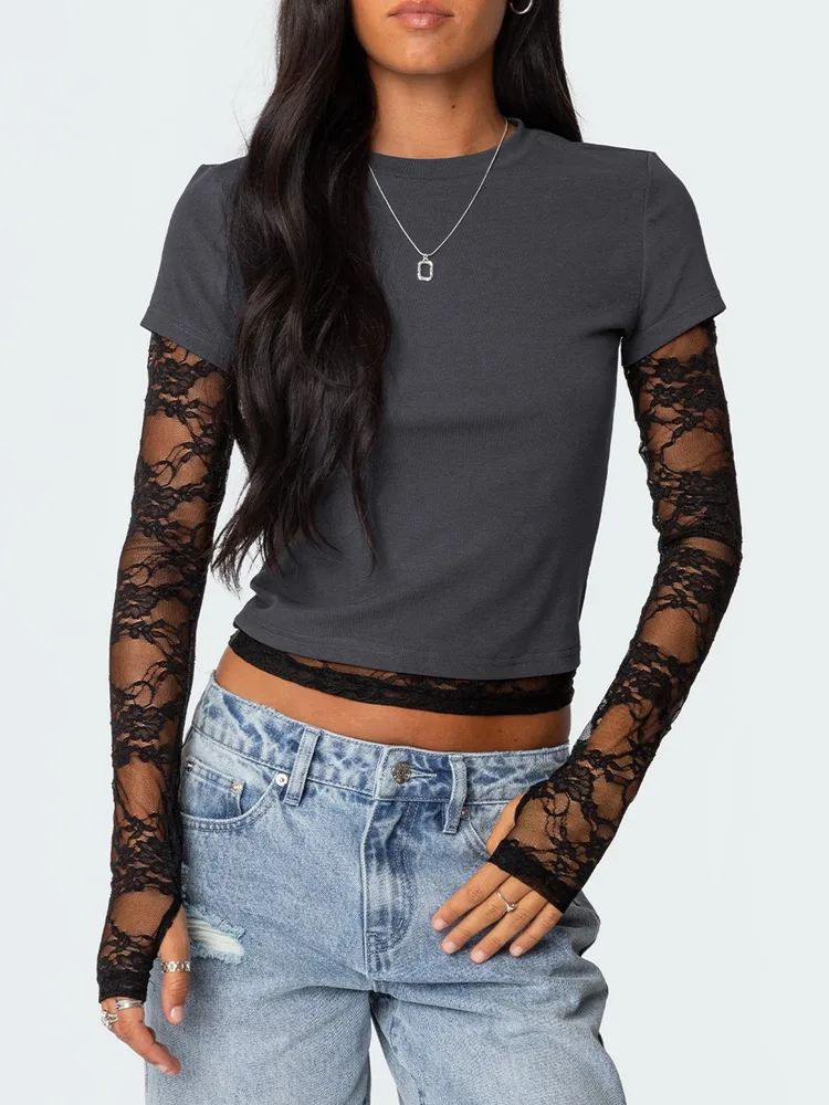 Sexy Women's Fake Two piece Long Sleeve Crew Neck T shirt Dark Gray - Shop at LoveMi
