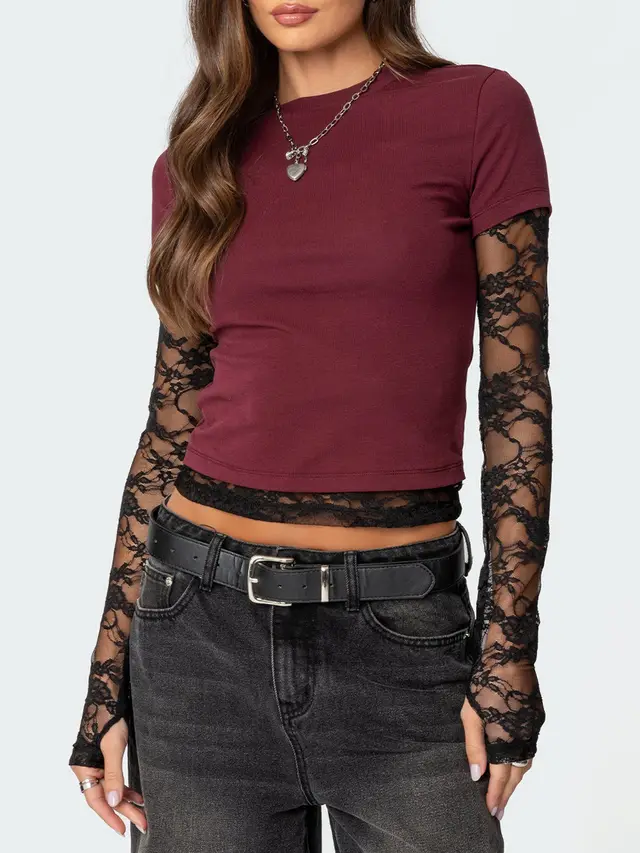 Sexy Women's Fake Two piece Long Sleeve Crew Neck T shirt Wine Red - Shop at LoveMi