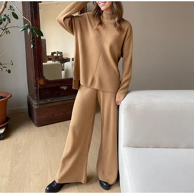 New Solid Color Knitted Pullover Turtleneck Sweater Suit Khaki - Shop at LoveMi