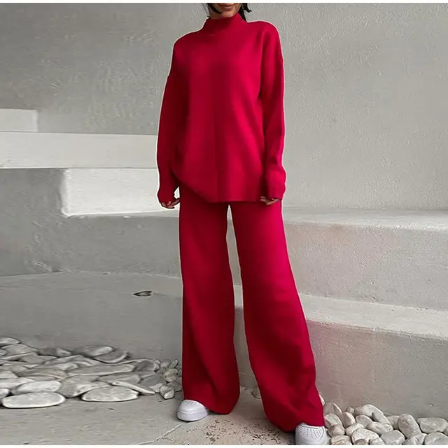 New Solid Color Knitted Pullover Turtleneck Sweater Suit Red - Shop at LoveMi