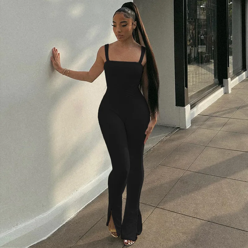 European And American Fashion Women's Wear Solid Colour Off-neck Strap Backless Tight Sexy Minimalist Jumpsuit - Black