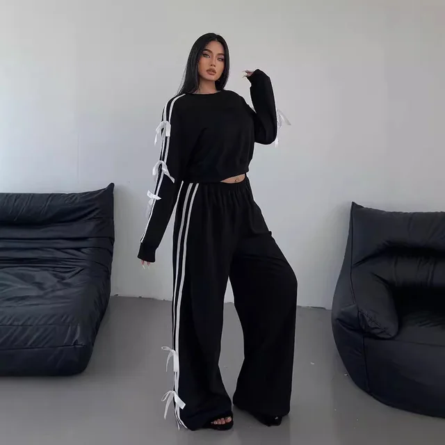Casual Long sleeved Top Loose Trousers Sweater Two Pieces Black - Shop at LoveMi