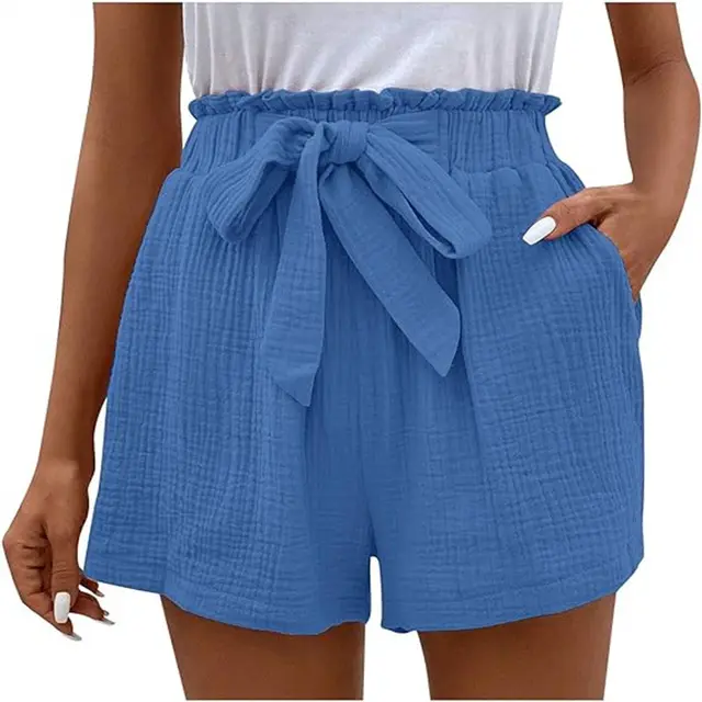 Elastic Waist Solid Color Casual Shorts Women Loose High Waist Simple Wide Leg Blue - Shop at LoveMi