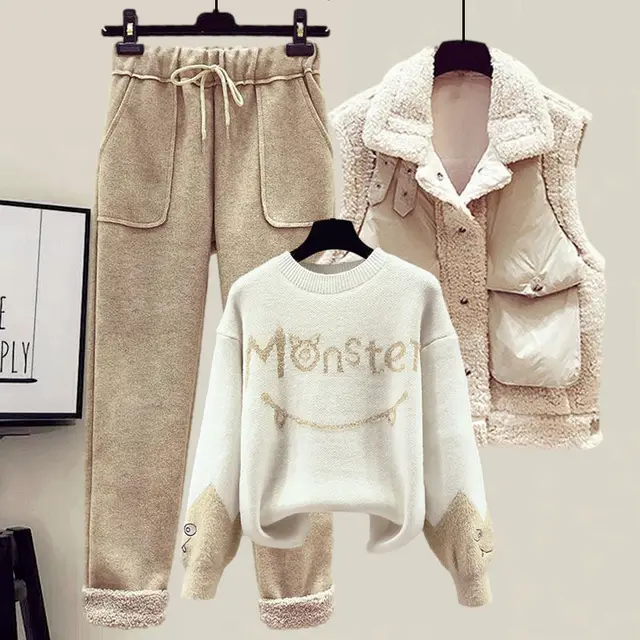 Women's Lamb Wool Vest Slimming Knitted Sweater Casual Pants Three piece Suit Beige Coat Vest Khaki Pants - Shop at LoveMi