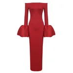 Dress Red And Black Slim-fit Long Sleeve French Lantern Sleeve Dress - Red