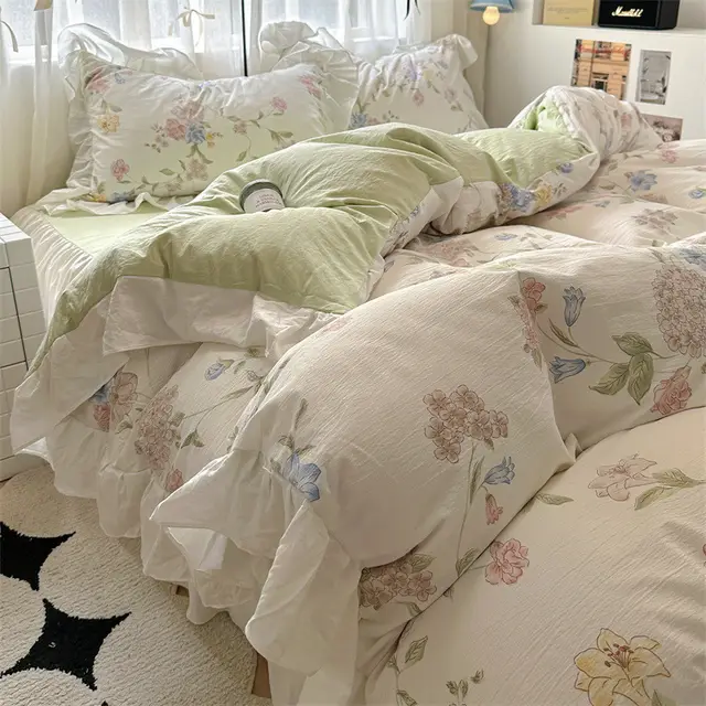 Korean Ins Maiden Lace Tulip Washed Cotton Four piece Set Elishi - Shop at LoveMi