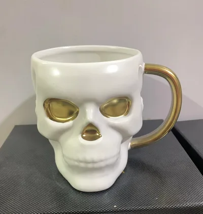 Skull Bar Cup Creative Mug Ceramic Cup White Pointed Chin Gold Handle - Shop at LoveMi