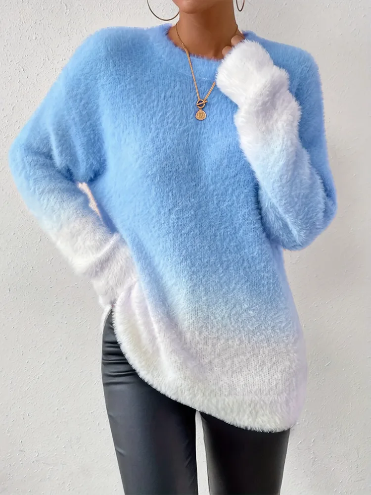 Lady Temperament Woolen Gradient Top Fashion Round Neck Sweater Sky Blue - Shop at LoveMi