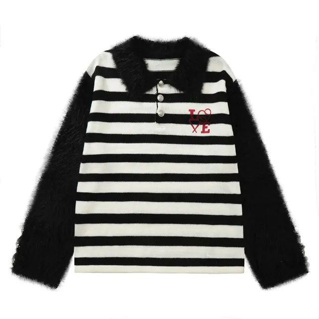American Retro Patchwork Embroidered Lapel Sweater Black - Shop at LoveMi