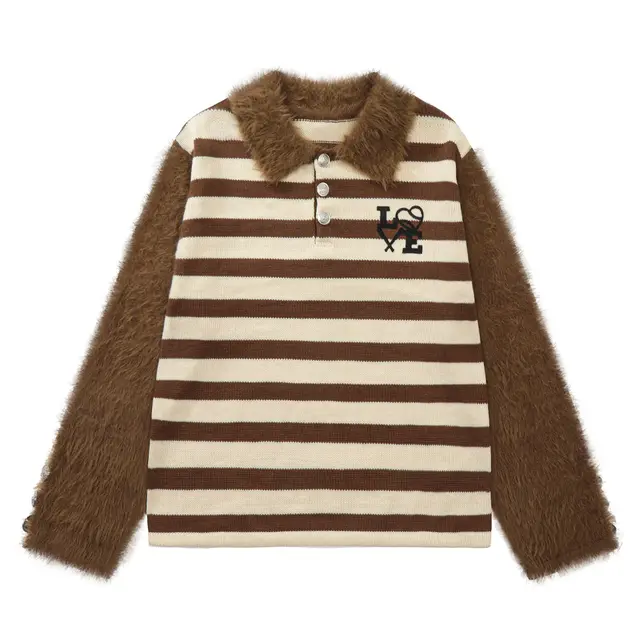 American Retro Patchwork Embroidered Lapel Sweater Brown - Shop at LoveMi