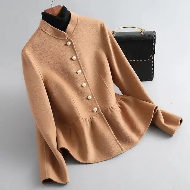 Women's Stand Collar Single breasted Ruffled Short Coat Camel - Shop at LoveMi