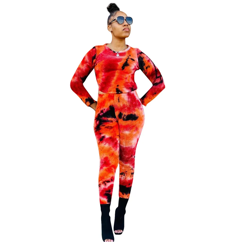 Printed Top And Pants Sunken Stripe Two-piece Set - Orange