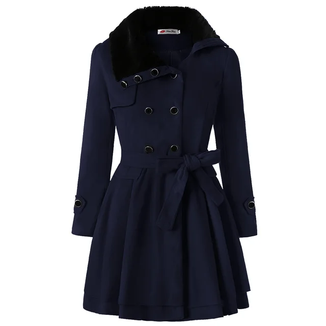 Women's Clothing Slim fit Mid length Woolen Coat Double breasted Padded Coat Dark Blue - Shop at LoveMi