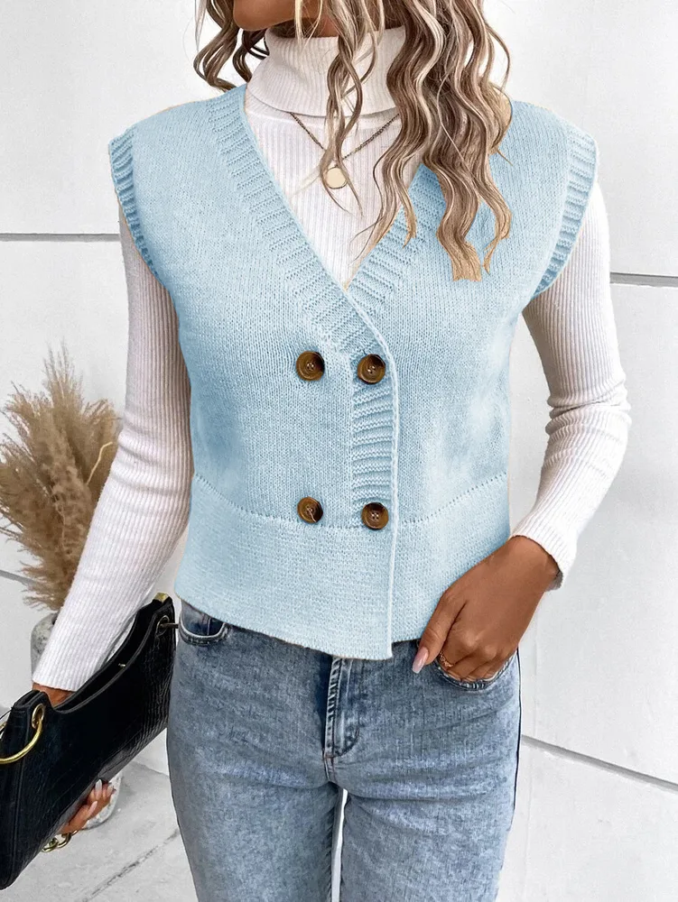 New Knitted V neck Buttons Casual Sweater Light Blue - Shop at LoveMi