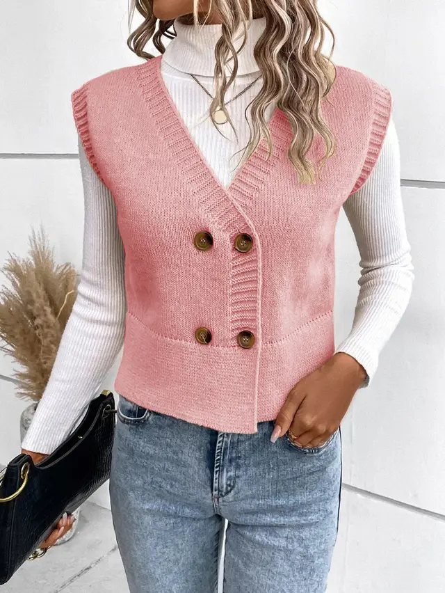 New Knitted V neck Buttons Casual Sweater Pink - Shop at LoveMi