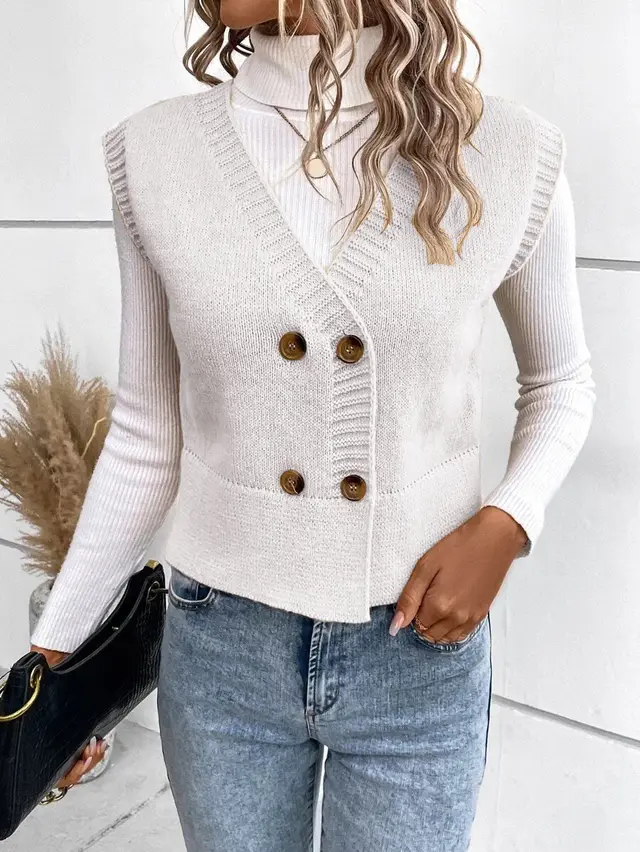 New Knitted V neck Buttons Casual Sweater White - Shop at LoveMi