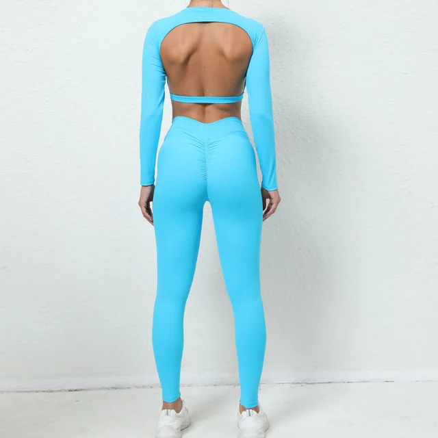 Bare Back Long sleeved Top Skinny Yoga Pants Nude Feel Quick drying Sports Suit Peacock Blue - Shop at LoveMi