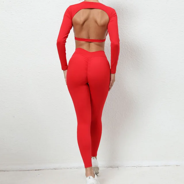 Bare Back Long sleeved Top Skinny Yoga Pants Nude Feel Quick drying Sports Suit Red - Shop at LoveMi
