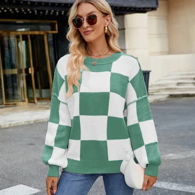 Women's Casual Plaid Color Matching Sweater Green - Shop at LoveMi