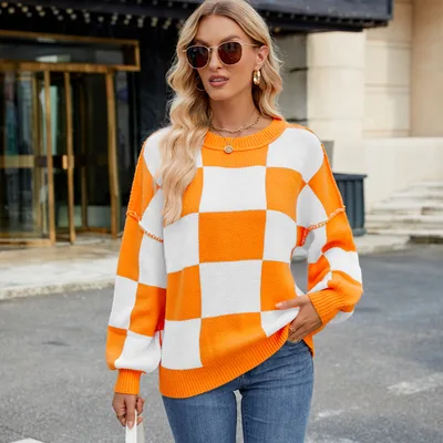 Women's Casual Plaid Color Matching Sweater Orange White - Shop at LoveMi