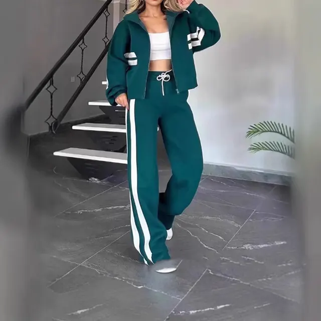 Autumn Striped Zipper Top Casual Sports Suit Green - Shop at LoveMi