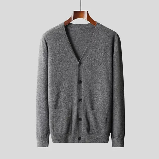 Wool Knit Cardigan Men's Casual V neck Sweater Coat Dark Gray - Shop at LoveMi