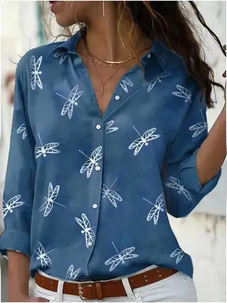 Dragonfly Printed Long Sleeve Lapel Slim Fit - Blue
