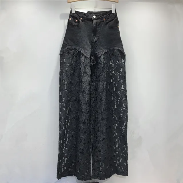 Lace Stitching Straight Wide Leg Jeans Black - Shop at LoveMi