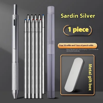 Multi functional Four color One Black Technology Gravity Induction Ballpoint Pen Press Type Satin Silver Metal Gift Set - Shop at LoveMi