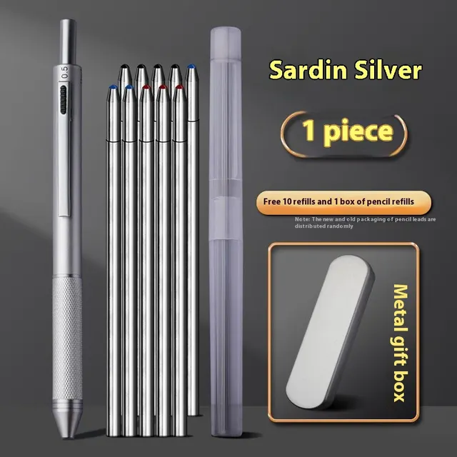 Multi functional Four color One Black Technology Gravity Induction Ballpoint Pen Press Type Satin Silver Metal Gift Set - Shop at LoveMi