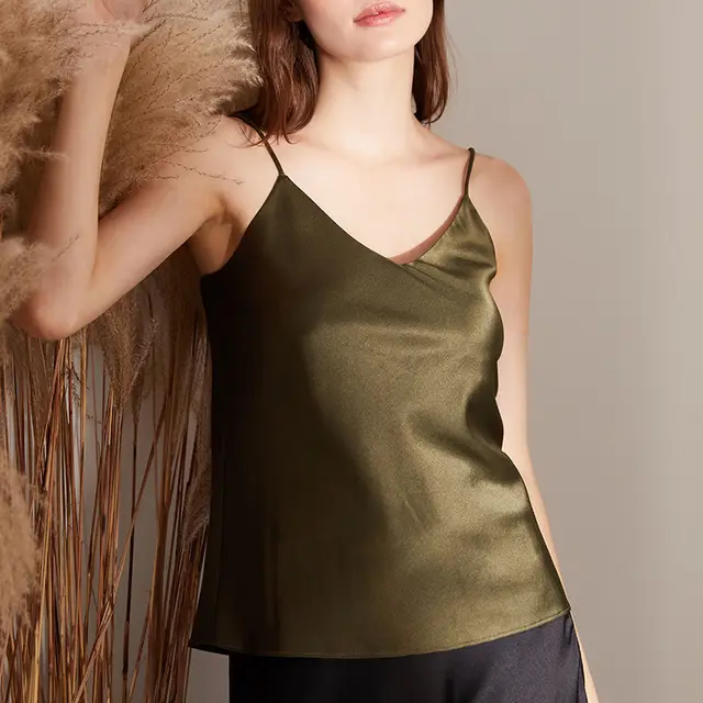 Silk Stretch Satin Outer Wear Inner Wear Butterfly Embroidered Silk Sling For Women Army Green - Shop at LoveMi