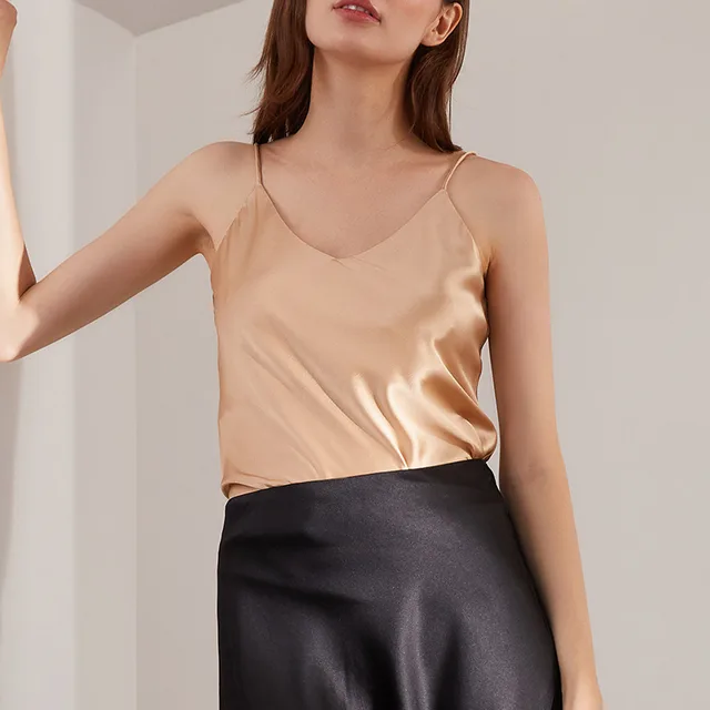 Silk Stretch Satin Outer Wear Inner Wear Butterfly Embroidered Silk Sling For Women Light Gold - Shop at LoveMi