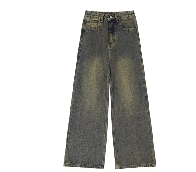 Retro Trendy Distressed Straight Wide Leg Versatile Loose Men's And Women's Denim Trousers Nostalgic Yellow - Shop at LoveMi