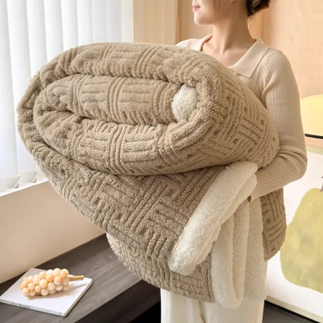 Double layer Jacquard Lambswool Thickened Warm Blanket Deep Khaki - Shop at LoveMi