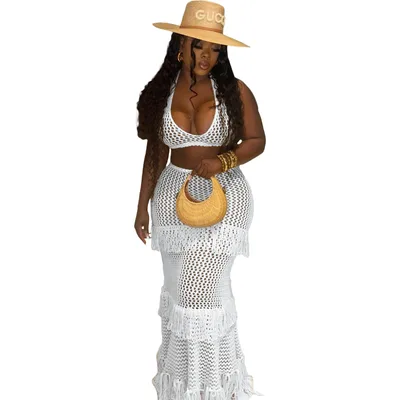 Casual Pure Color Halter Tassel Beach Dress Suit White - Shop at LoveMi