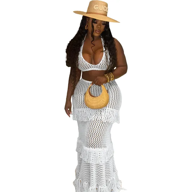 Casual Pure Color Halter Tassel Beach Dress Suit White - Shop at LoveMi