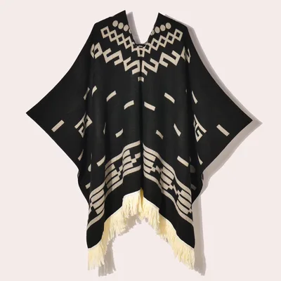 Western Denim Style Men's And Women's Shawl Tassel Pullover Keep Warm Outdoor Large Cloak Black - Shop at LoveMi