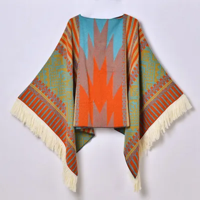 Western Denim Style Men's And Women's Shawl Tassel Pullover Keep Warm Outdoor Large Cloak Tassel Shawl Orange - Shop at LoveMi