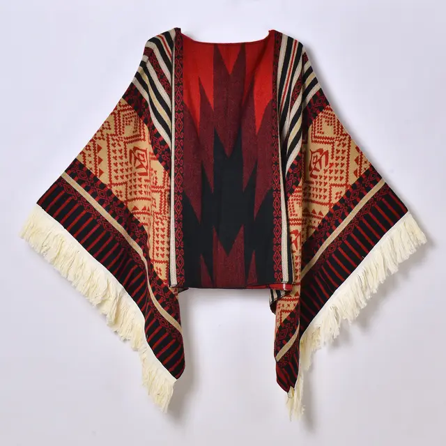 Western Denim Style Men's And Women's Shawl Tassel Pullover Keep Warm Outdoor Large Cloak Tassel Shawl Wine Red - Shop at LoveMi