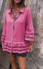Lapel Long Sleeve Lace Ruffles Lotus Leaf Loose Shirt - Rose Red