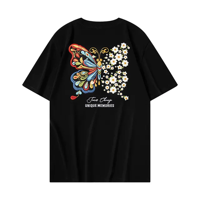 Short sleeved T shirt Butterfly Light changing Embroidery Black - Shop at LoveMi