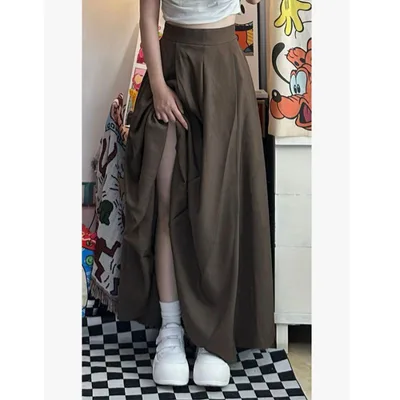 High Waist A Line Skirt Niche Umbrella Skirt Brown Pleated Dress Brown Zipper Style - Shop at LoveMi