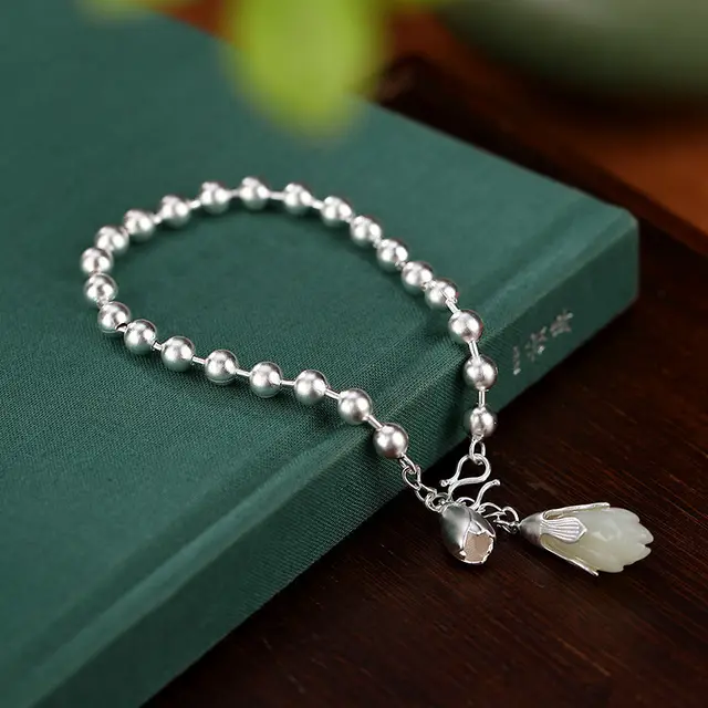 Natural Hetian Jade Frosted Ball Bracelet Simple Retro Silver - Shop at LoveMi