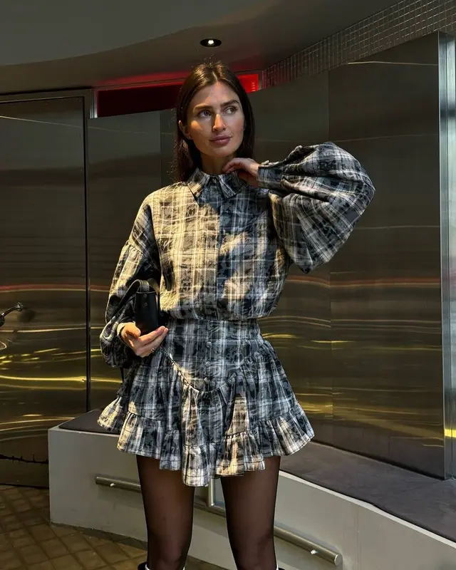 Women's Plaid Design Ruffled Suit Light Gray - Shop at LoveMi