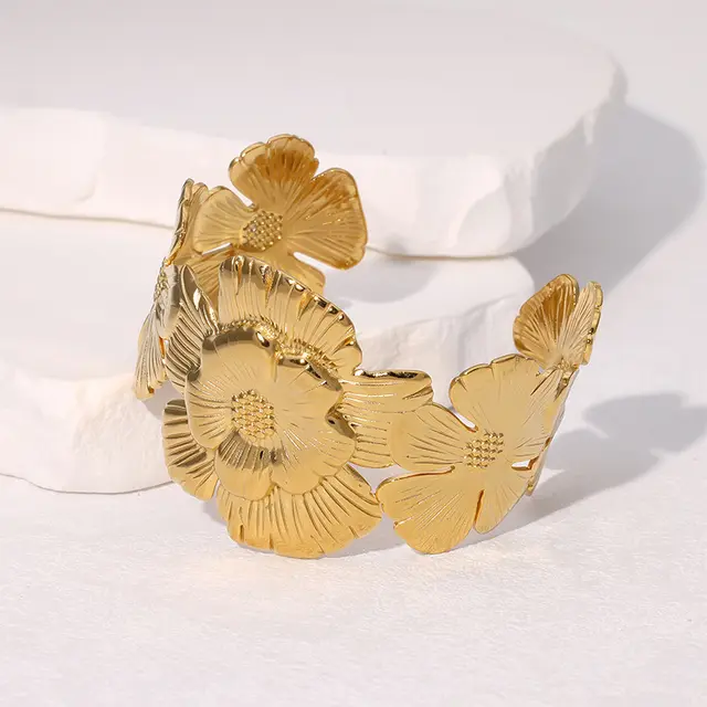 European And American Elegant Retro Gold plated High grade Opening Bracelet Exaggerated Design Flowers Gold - Shop at LoveMi